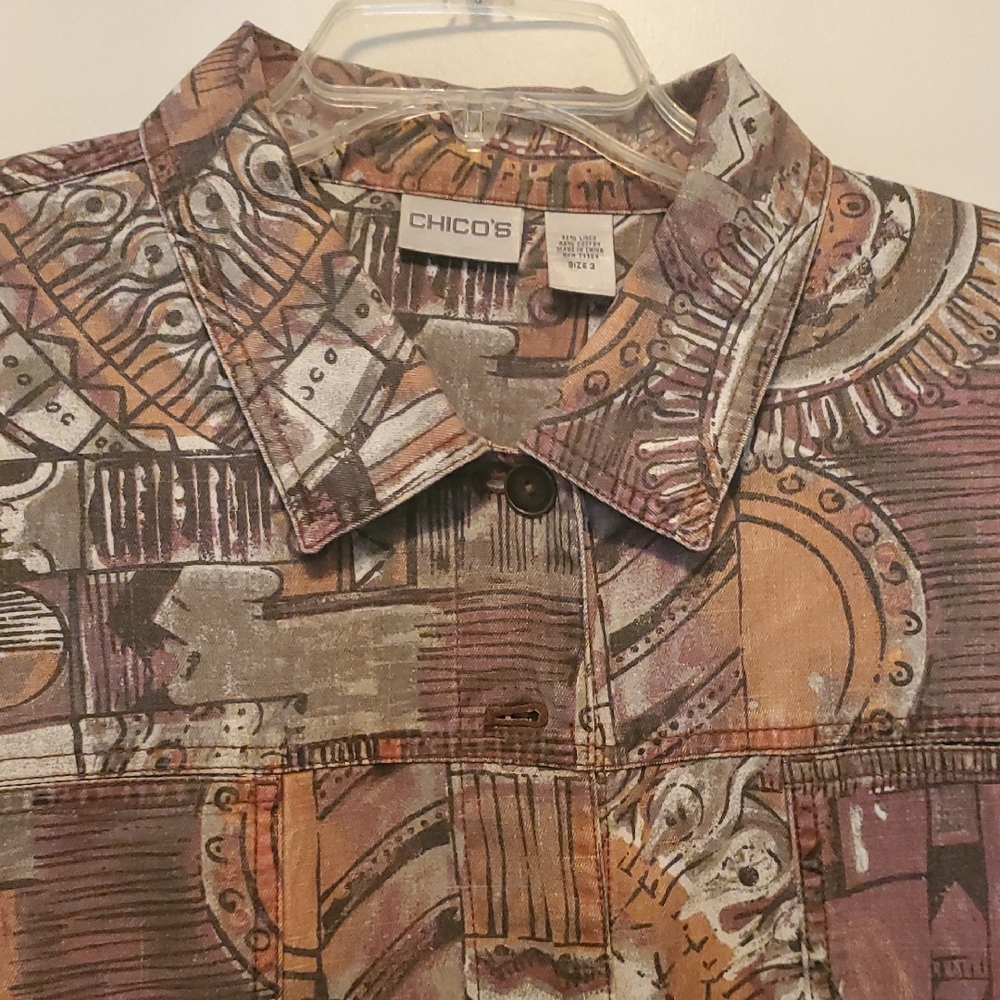 Chico's Artistic Patterned Jacket/Shirt in Earthy Hues